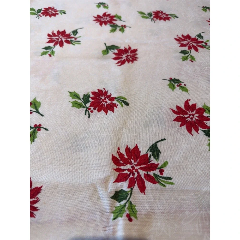 Vtg Christmas Poinsettia Table Runner Red Green On White 70
